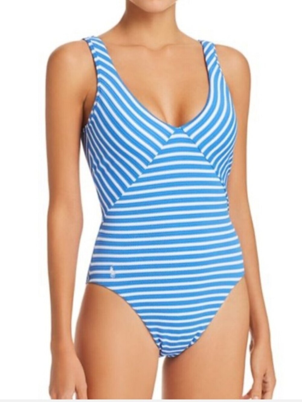 Polo Ralph Lauren Pique Stripe Knit One Piece Swim Suit Lace Back Blue White XS